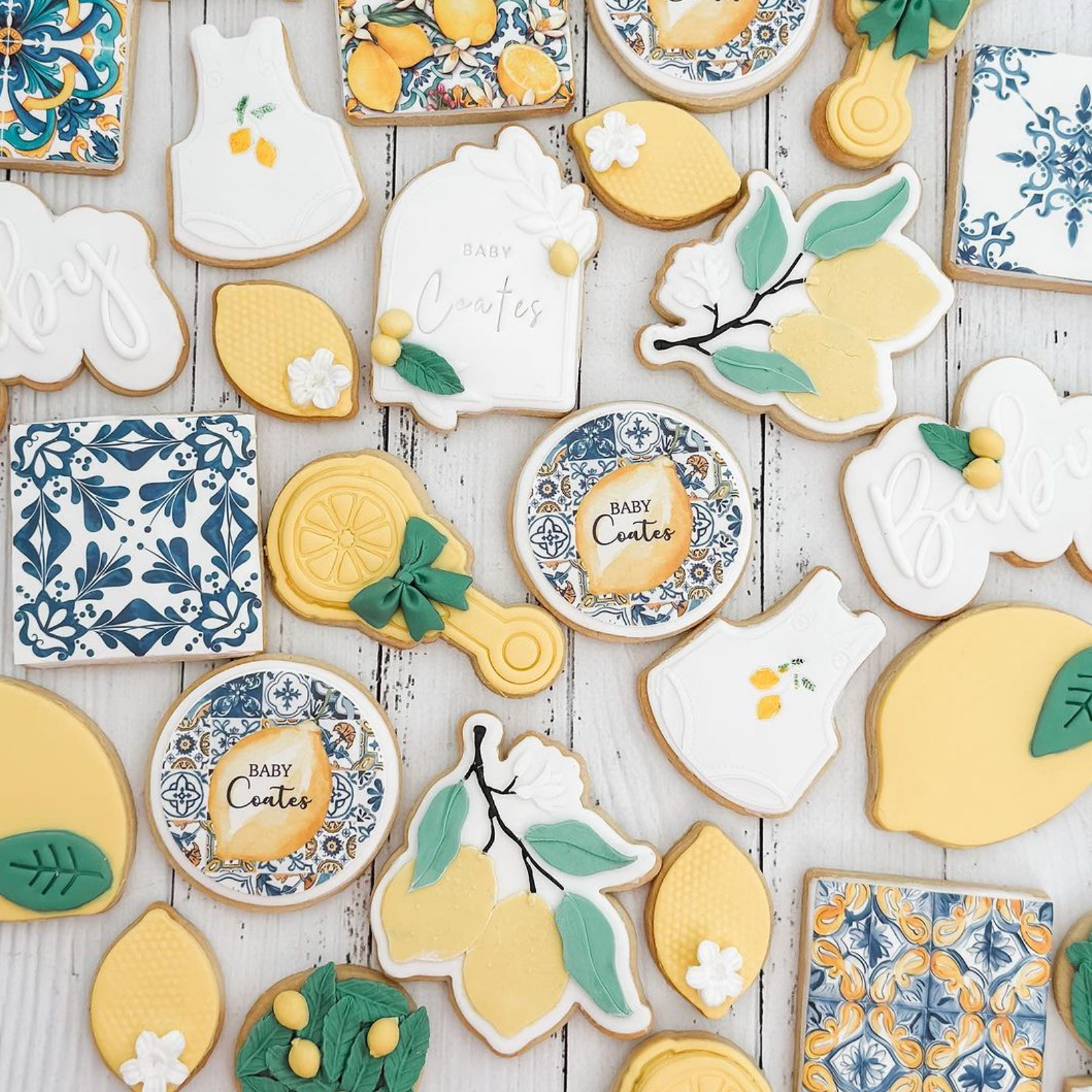 Santorini baby shower cookies on white background